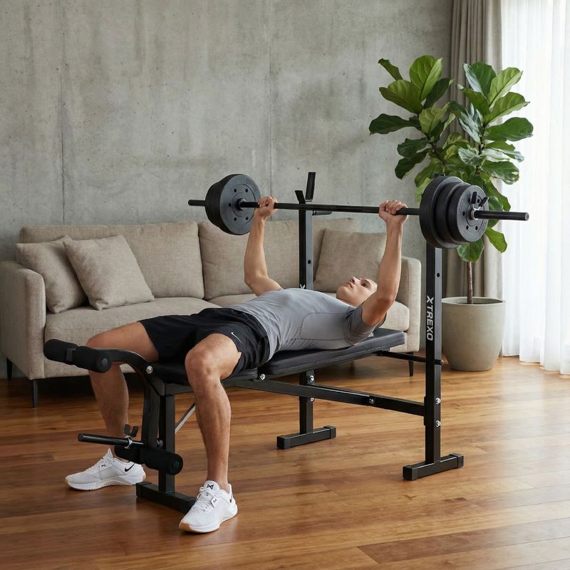 XTREXO BenchFit Lite edzőpad állvánnyal és súlyzóval fekete színben 3
