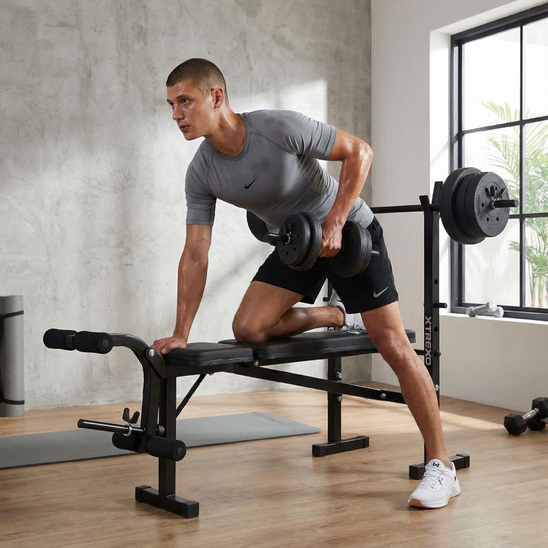 XTREXO BenchFit Lite edzőpad állvánnyal és súlyzóval fekete színben 4