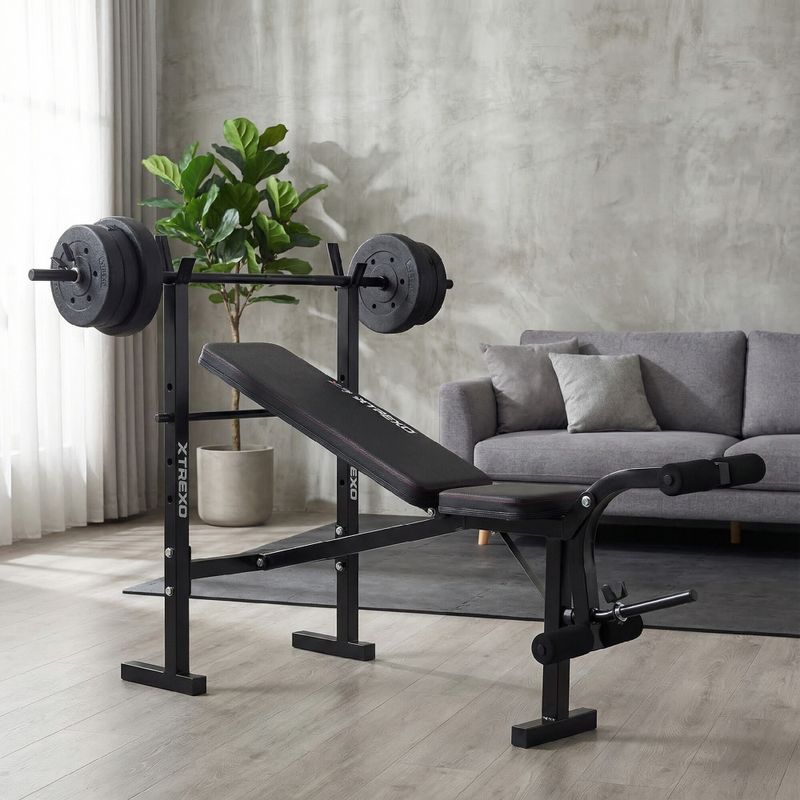 XTREXO BenchFit Lite edzőpad állvánnyal és súlyzóval fekete színben 6