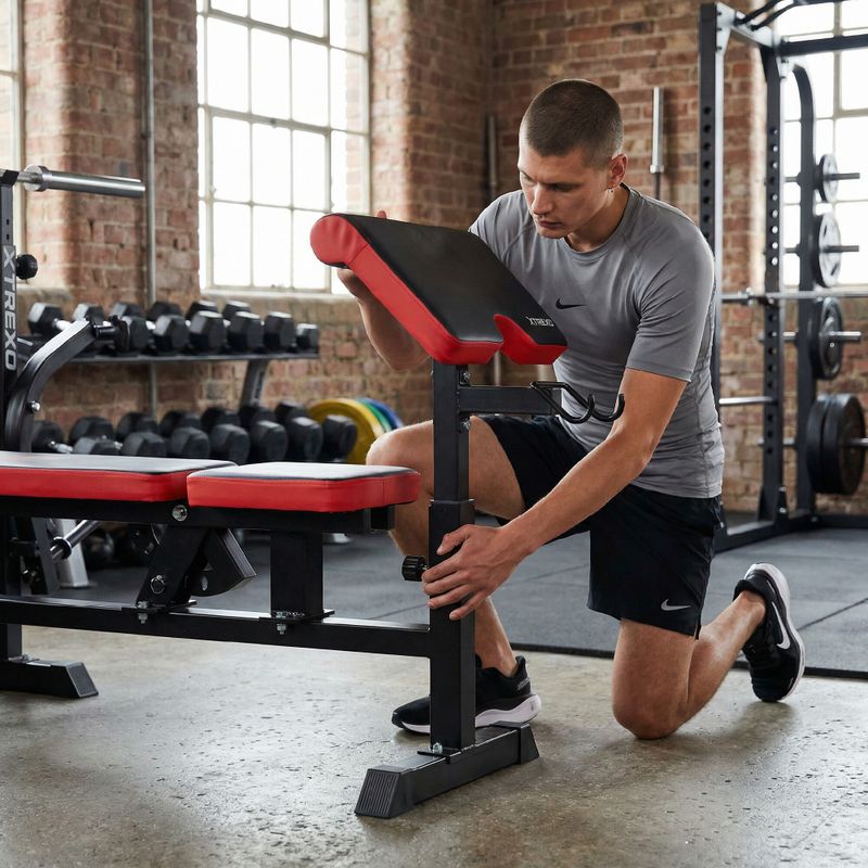 XTREXO BenchFit Max edzőpad állvánnyal és imarúddal fekete színben 5