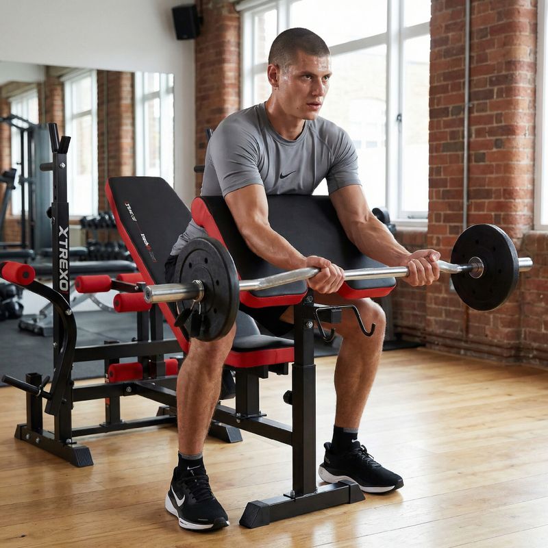 XTREXO BenchFit Max edzőpad állvánnyal és imarúddal fekete színben 6