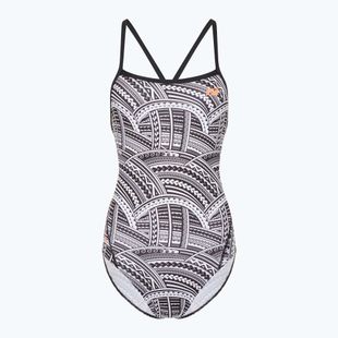 Női egyrészes fürdőruha ZONE3 Kona Speed Strap Back tribal print/fekete/fekete/fehér/narancssárga